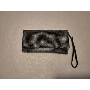 Madison West Fold Over Wristlet Clutch Glitter Rhinestone Black Silver